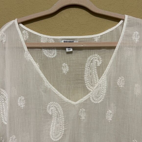 Old Navy Swim Cover-up Tunic Women 2X White Semi-sheer Paisley Print Boho Beachy - Picture 4 of 7
